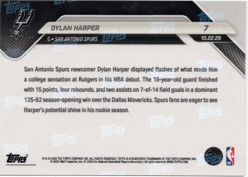 2025 Topps Now Dylan Harper #7 Green Foil /99 San Antonio Spurs Rookie RC Basketball Card