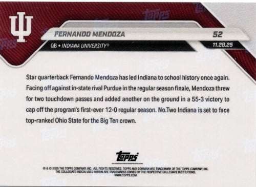 2025 Topps Bowman U Now Fernando Mendoza #52 Orange Foil /25 Indiana Hoosiers Rookie RC Football Card
