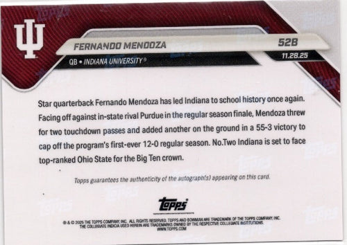 2025 Topps Bowman U Now Fernando Mendoza #52B Red Auto /5 Indiana Hoosiers Rookie RC Football Card