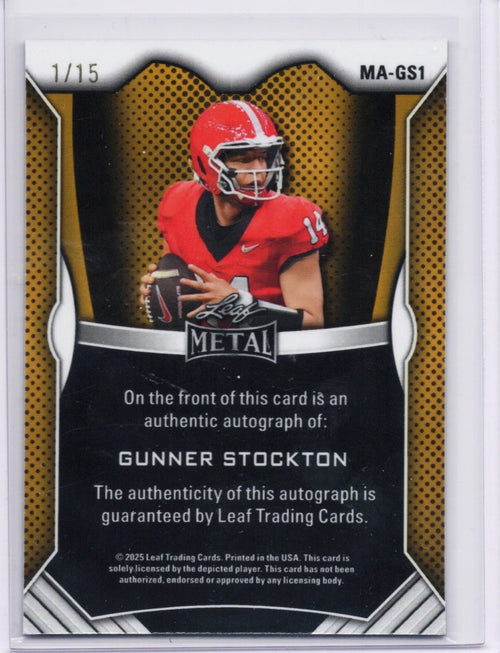 2025 Leaf Metal Gunner Stockton #MAGS1 Green Ice Auto /15 Georgia Bulldogs Rookie RC Football Card
