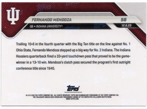 2025 Topps Bowman U Now Fernando Mendoza #58 Black Foil /10 Indiana Hoosiers Rookie RC Football Card
