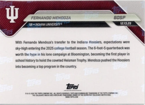 2025 Topps Bowman U Now Fernando Mendoza #60SP Indiana Hoosiers Rookie RC Football Card
