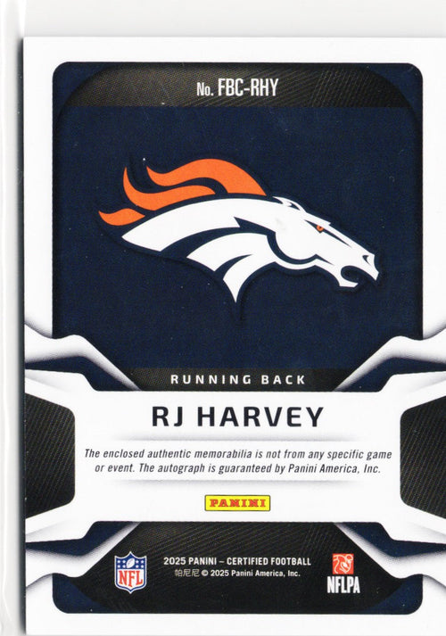 2025 Panini Certified RJ Harvey #FBCRHY Freshman Fabric Patch Purple Auto /399 Denver Broncos RC Rookie Football Card