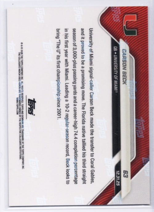 2025 Topps Bowman U Now Carson Beck #63 Red Foil /5 Miami Hurricanes Rookie RC Football Card