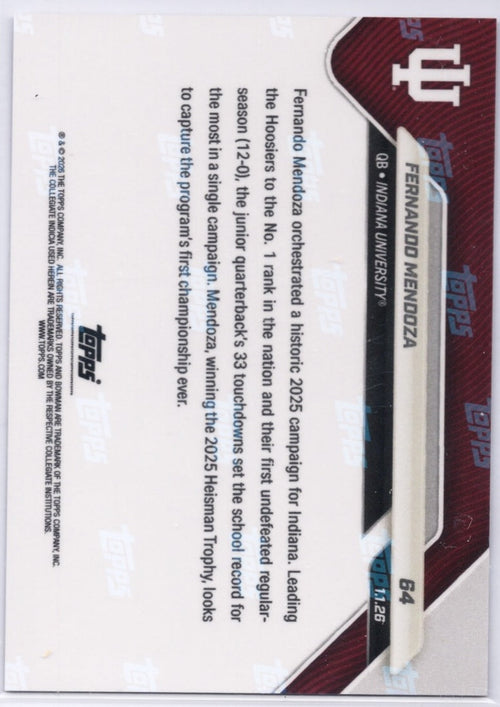 2025 Topps Bowman U Now Fernando Mendoza #64 Red Foil /5 Indiana Hoosiers Rookie RC Football Card