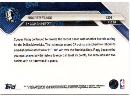 2025 Topps Now Cooper Flagg #124 Gold Foil /50 Dallas Mavericks Rookie RC Basketball Card
