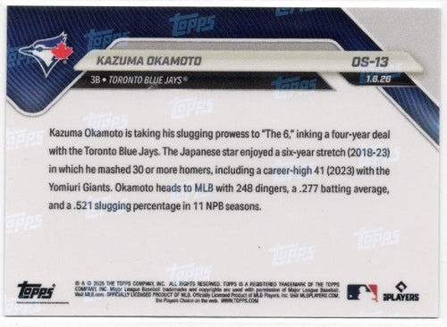 2025 Topps Now Kazuma Okamoto #OS13 Gold Foil /50 Toronto Blue Jays Rookie RC Baseball Card