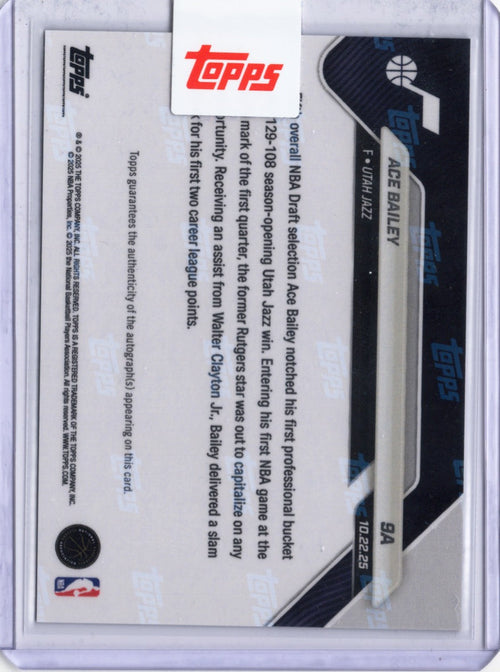 2025 Topps Now Ace Bailey #9A Black Foil Auto /10 Utah Jazz Rookie RC Basketball Card