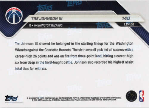 2025 Topps Now Tre Johnson #140 Gold Foil /50 Washington Wizards Rookie RC Basketball Card