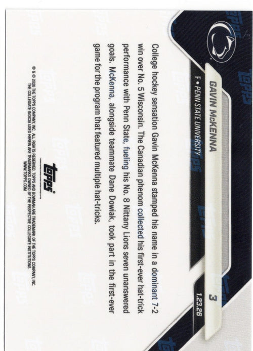 2025 Topps Bowman U Now Gavin McKenna #3 Orange Foil /25 Penn State Nittany Lions Rookie RC Hockey Card