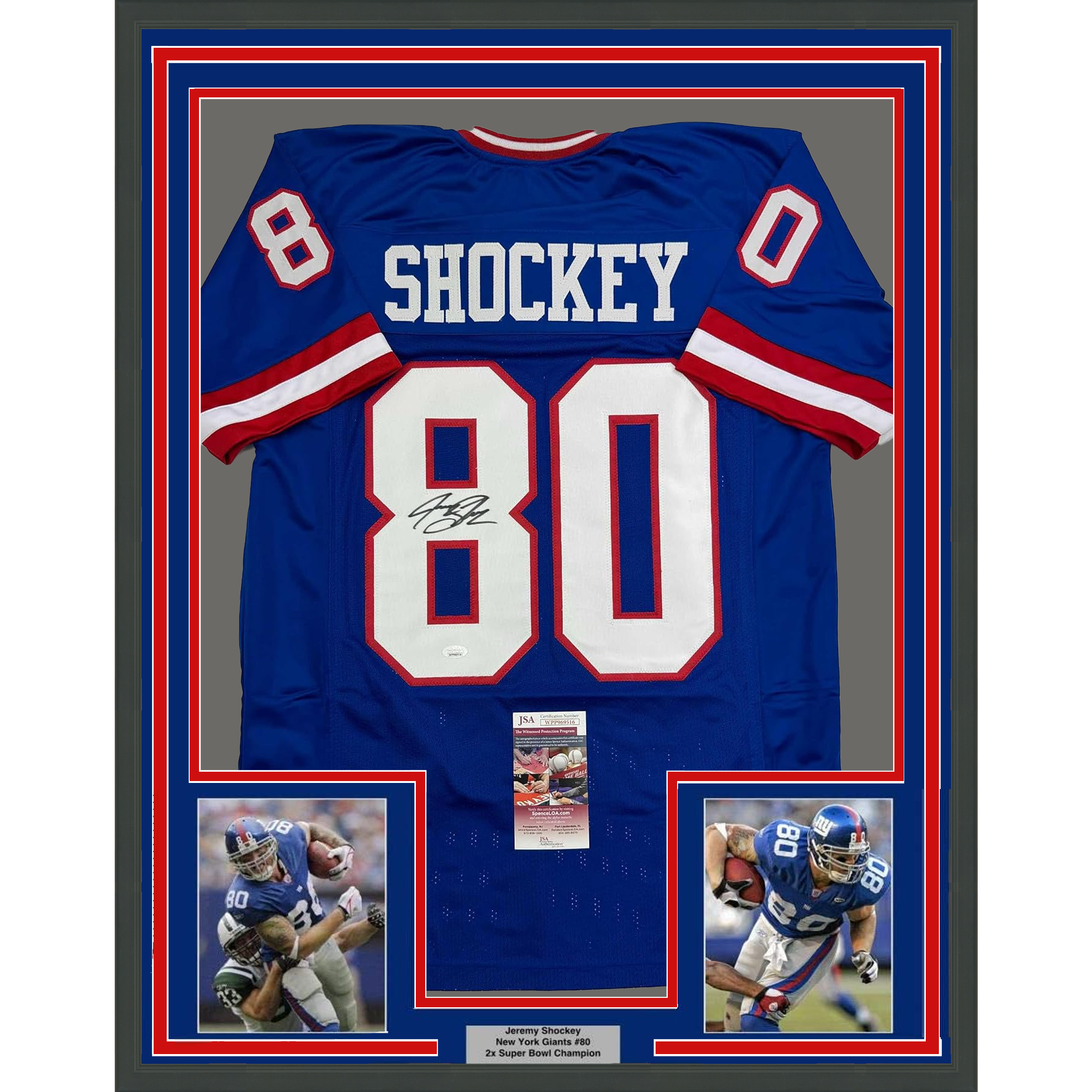 Framed Autographed/Signed Jeremy Shockey 35x39 New York Blue Retro Football Jersey JSA COA #2