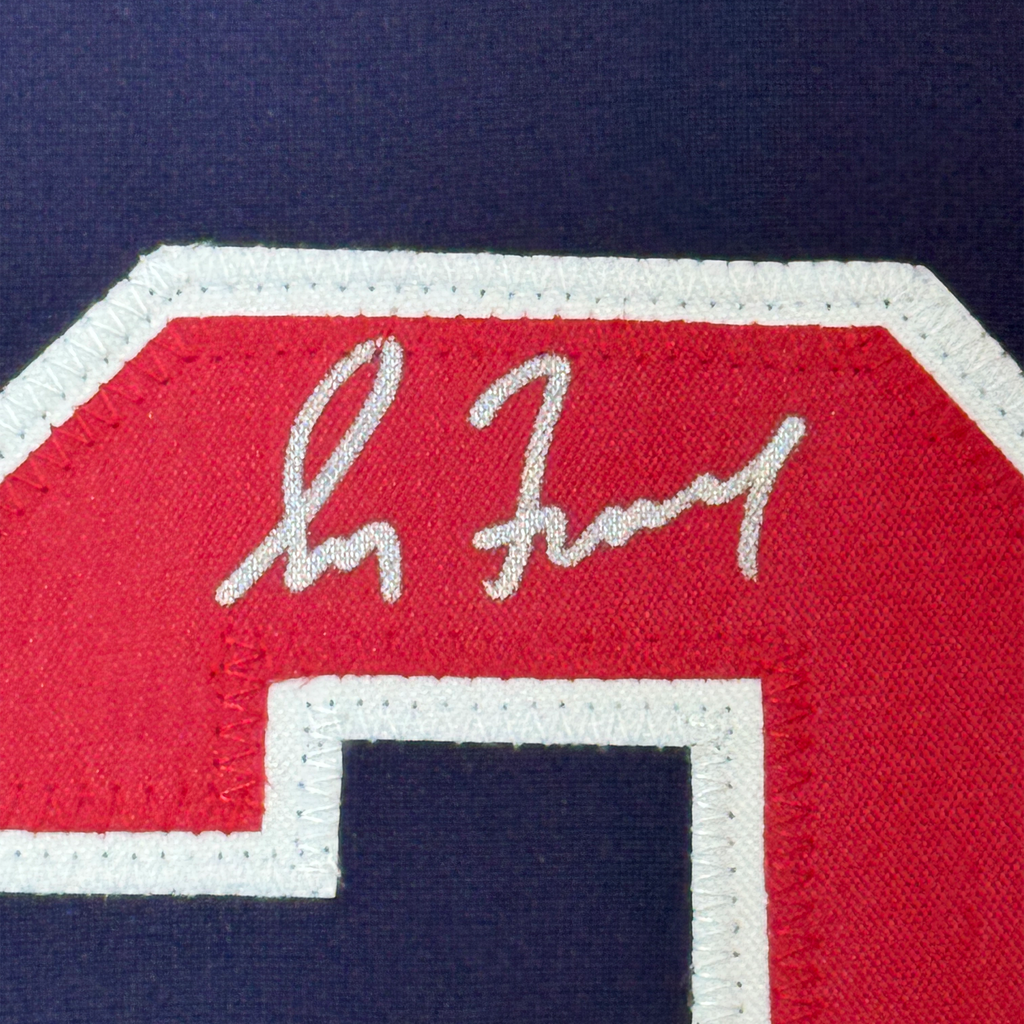 Framed Autographed/Signed Greg Maddux 35x39 Atlanta Blue Baseball Jersey JSA COA