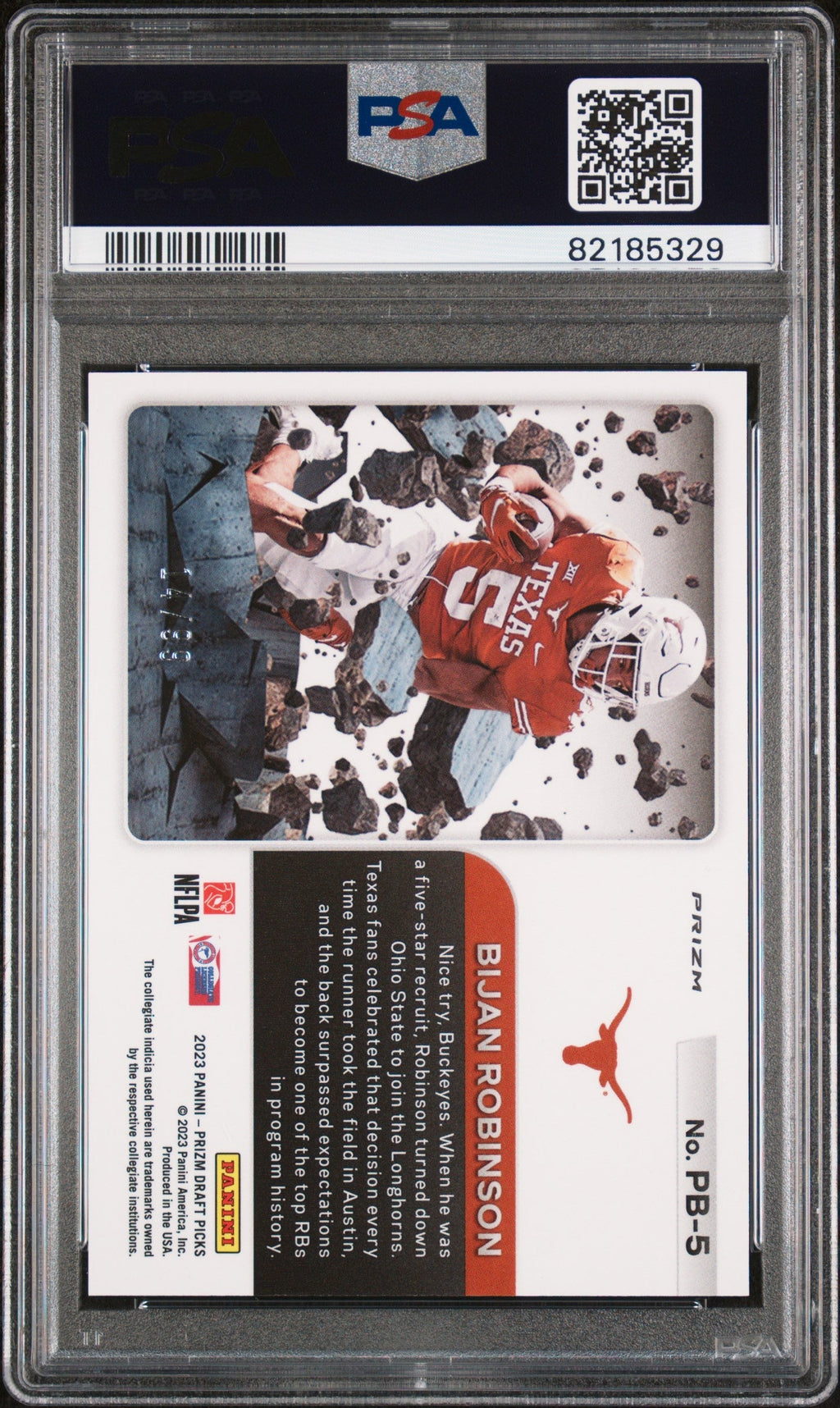 Graded 2023 Panini Prizm Draft Picks Bijan Robinson #PB5 Prizm Break Blue Ice #/99 Rookie RC Football Card PSA 10 Gem Mint