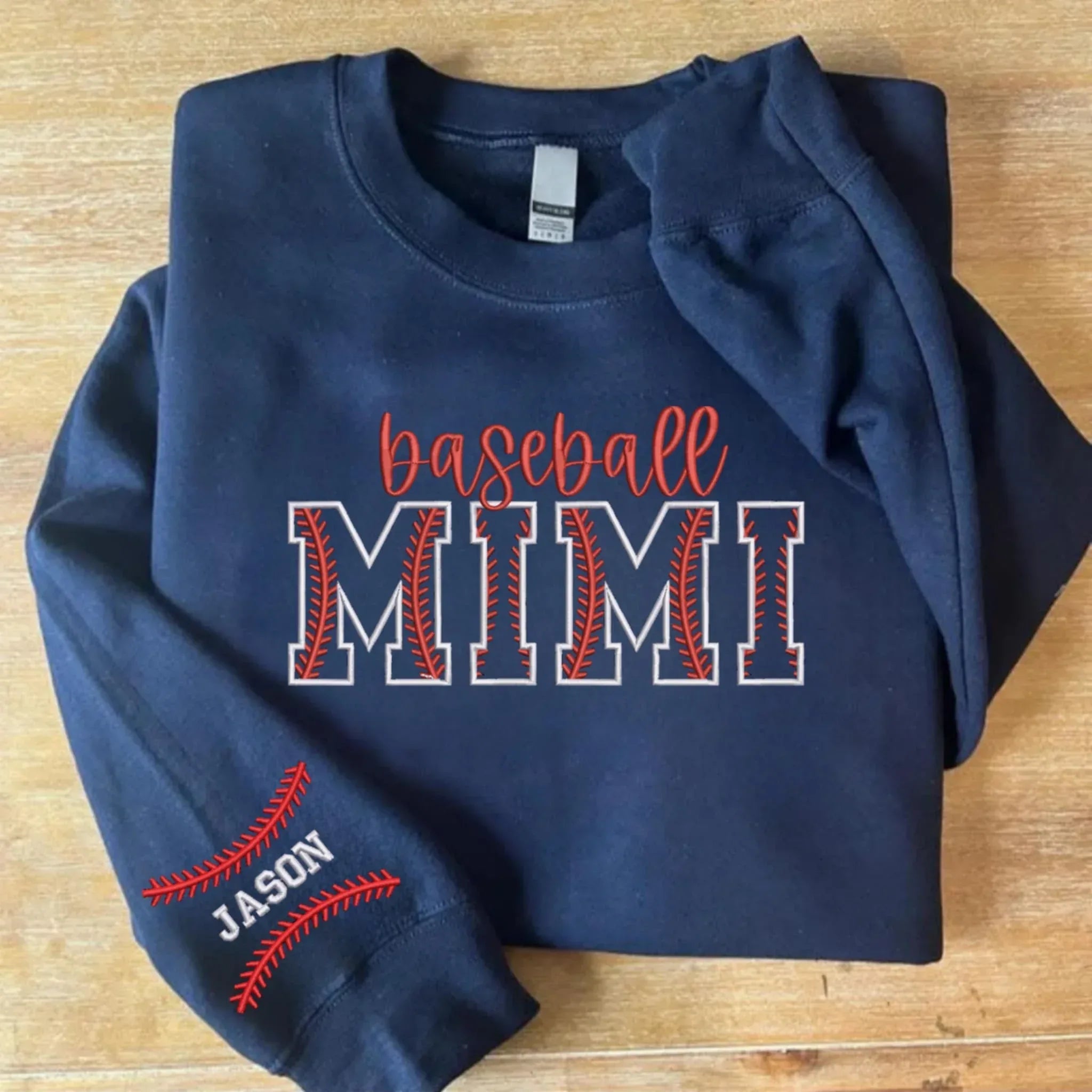 Custom Baseball Stitch Text Embroidered Comfort Color Tee or Gildan Sweatshirt with Sleeve Detail