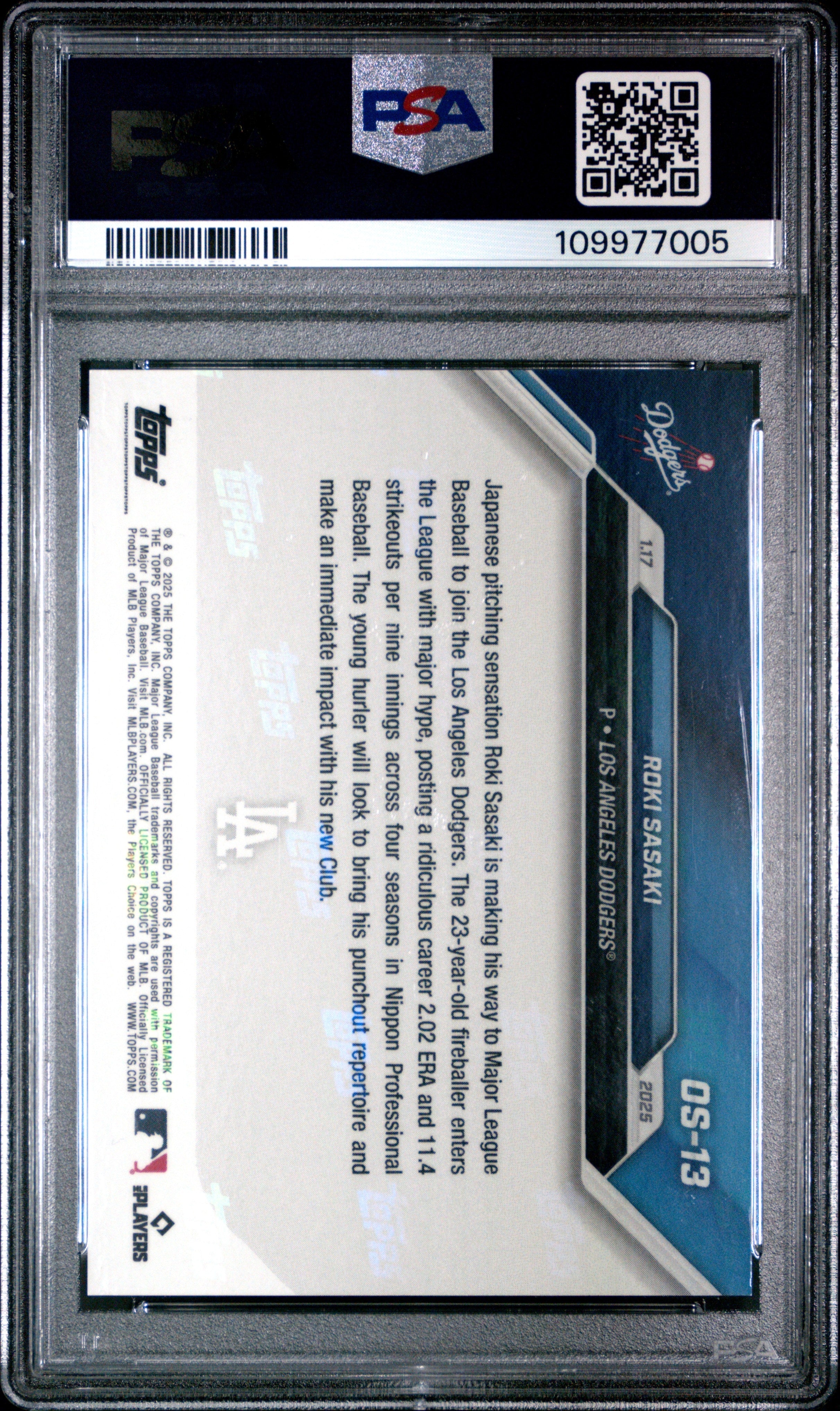 Graded 2024 Topps Now Roki Sasaki #OS13 Offseason Rookie RC Baseball Card PSA 9 Mint
