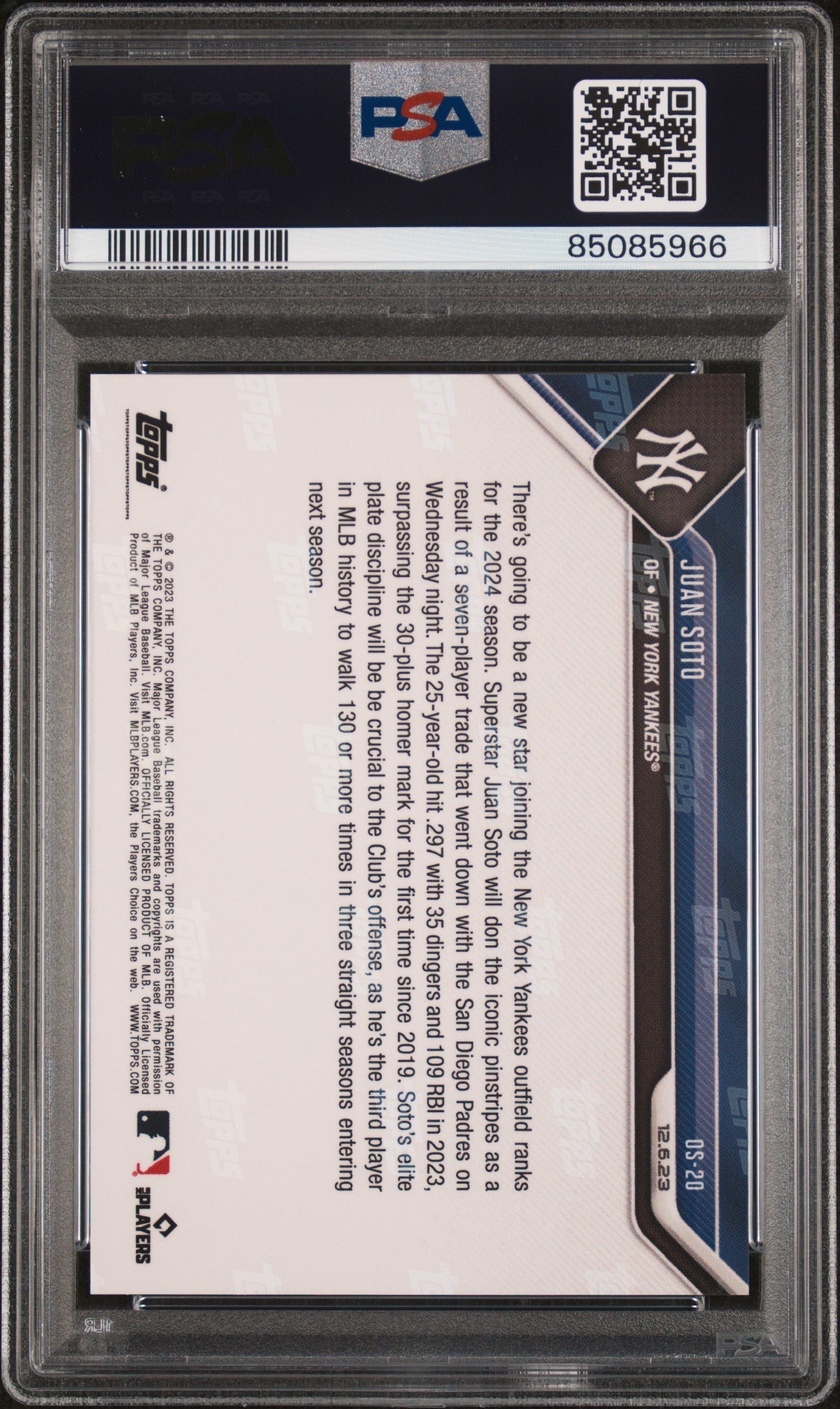 Graded 2023 Topps Now Juan Soto #OS20 Offseaon Baseball Card PSA 10 Gem Mint