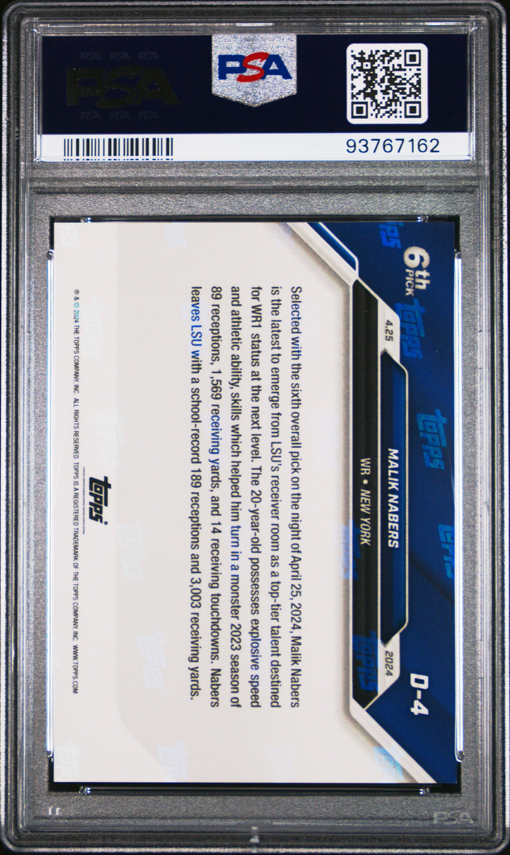 Graded 2024 Topps Now Malik Nabers #D4 Rookie RC Football Card PSA 9 Mint