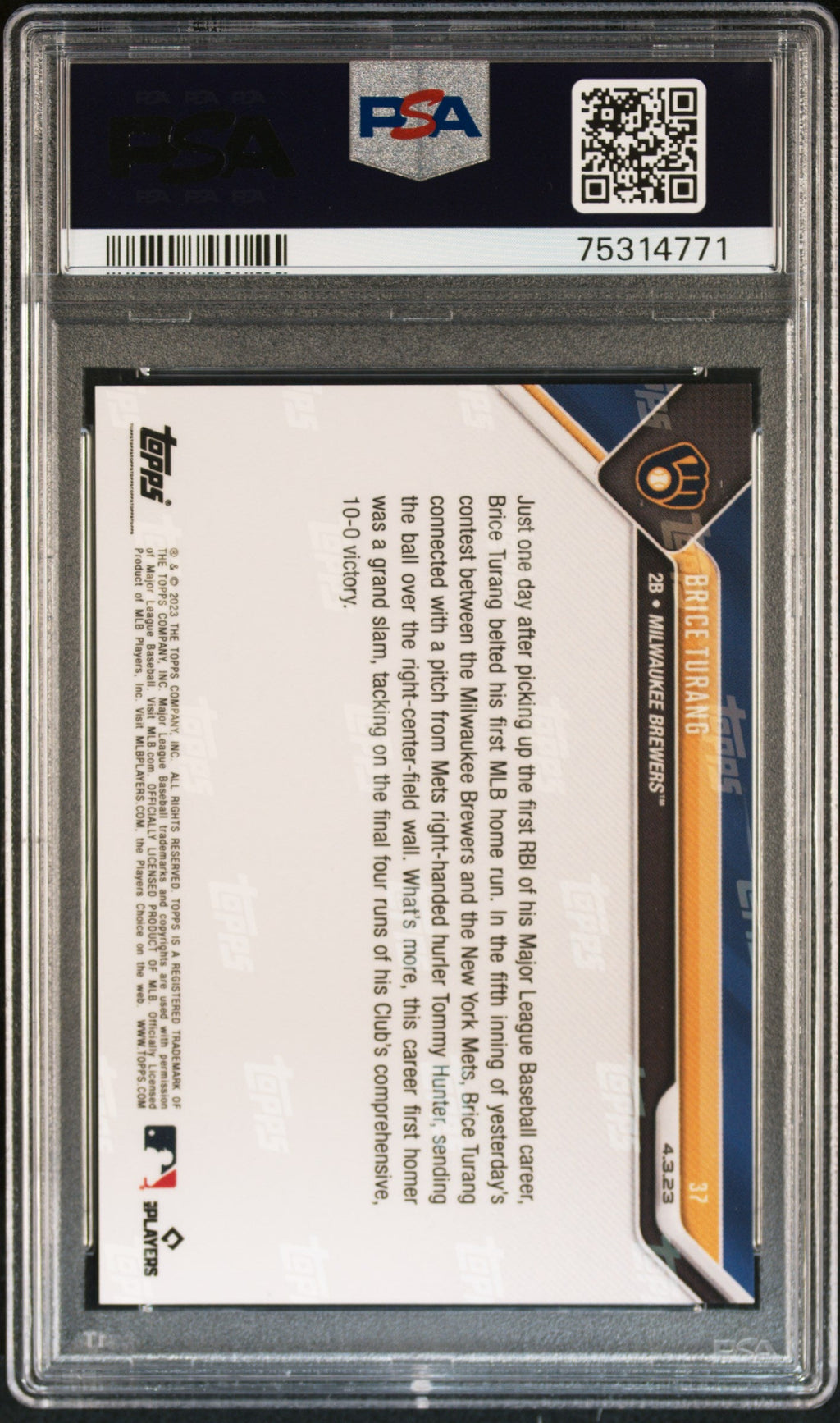 Graded 2023 Topps Now Brice Turang #37 Rookie RC Baseball Card PSA 10 Gem Mint