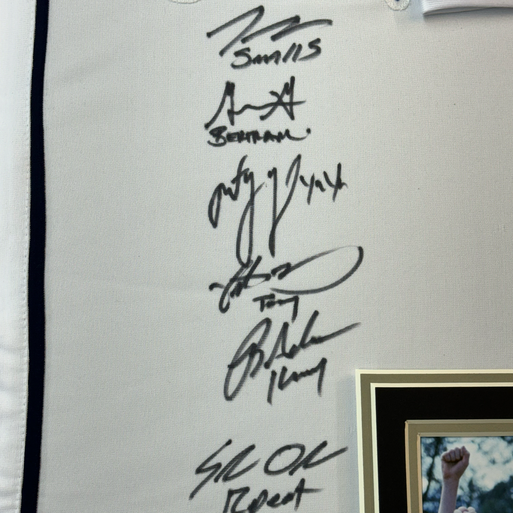 Framed Autographed/Signed The Sandlot Movie 35x39 6x Cast Member Sigs White Baseball Jersey Beckett BAS COA