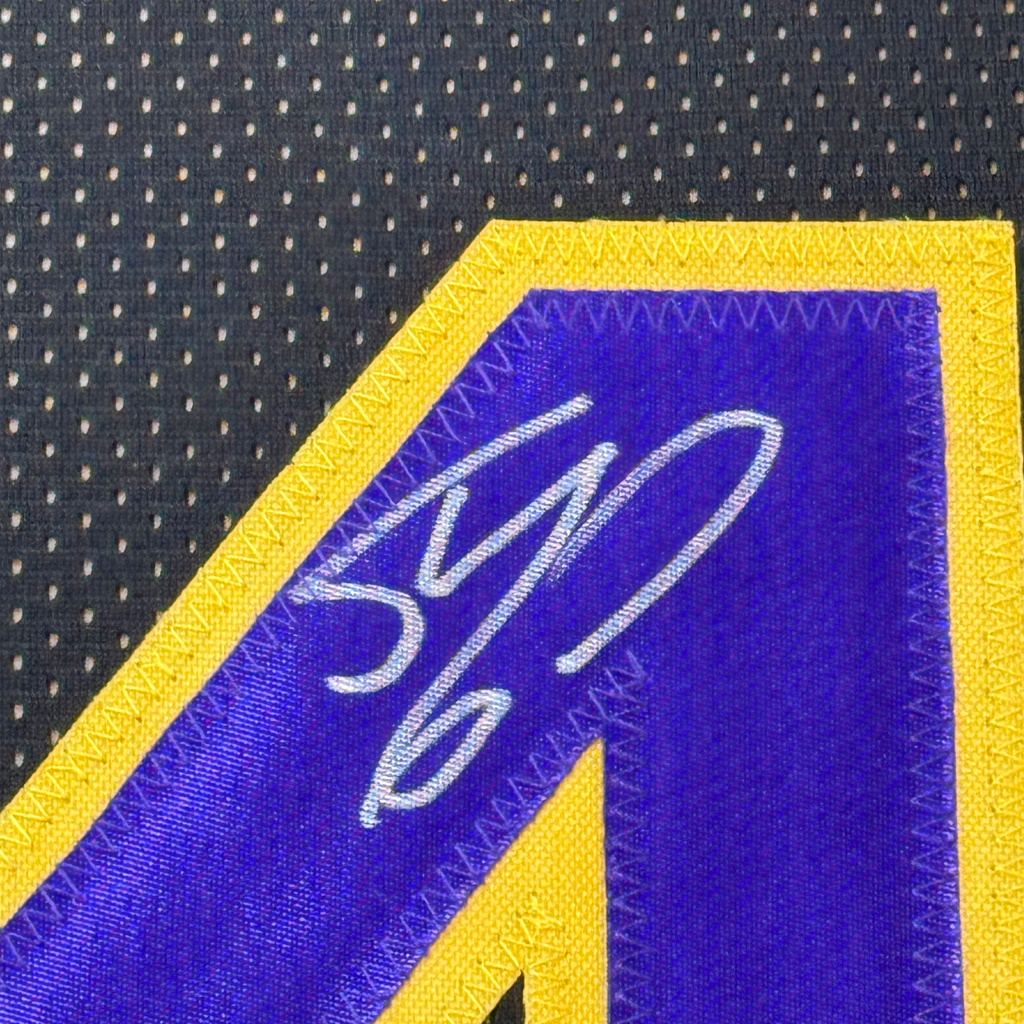 Framed Autographed/Signed Shaquille Shaq O'Neal 35x39 Los Angeles LA Black Basketball Jersey JSA COA