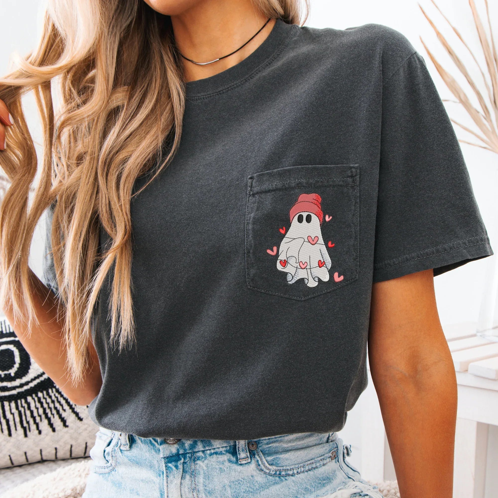 Valentine's Day Ghost Embroidered Pocket Tee