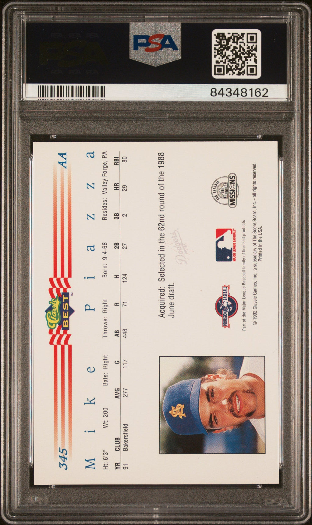 Graded 1992 Classic Best Mike Piazza #345 Rookie RC Baseball Card PSA 10 Gem Mint