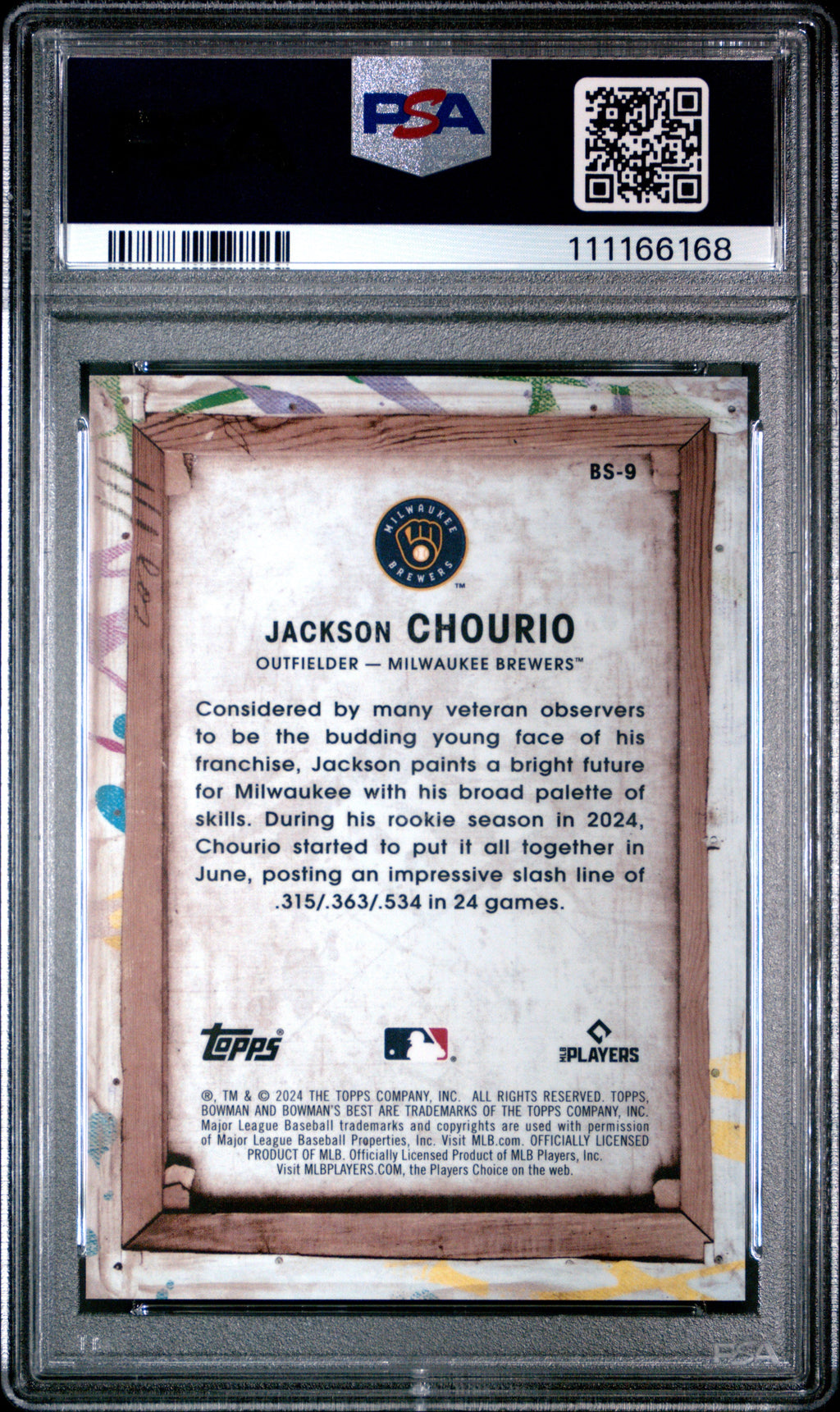 Graded 2024 Topps Bowmans Best Jackson Chourio #BS9 Bowman Showpieces Rookie RC Baseball Card PSA 10 Gem Mint