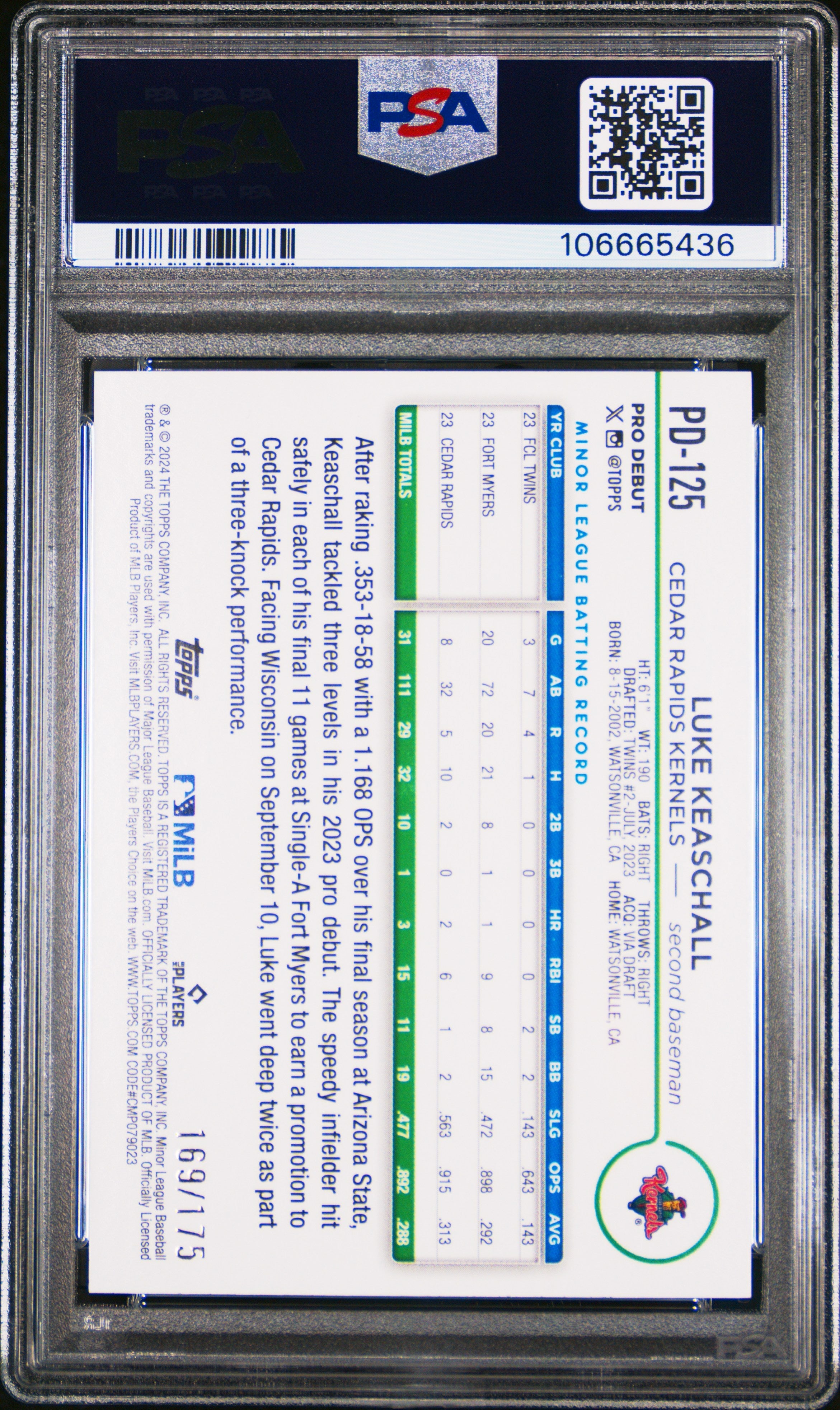 Graded 2024 Topps Pro Debut Luke Keaschall #PD125 Sparkle Foil /175 Rookie RC Baseball Card PSA 10 Gem Mint