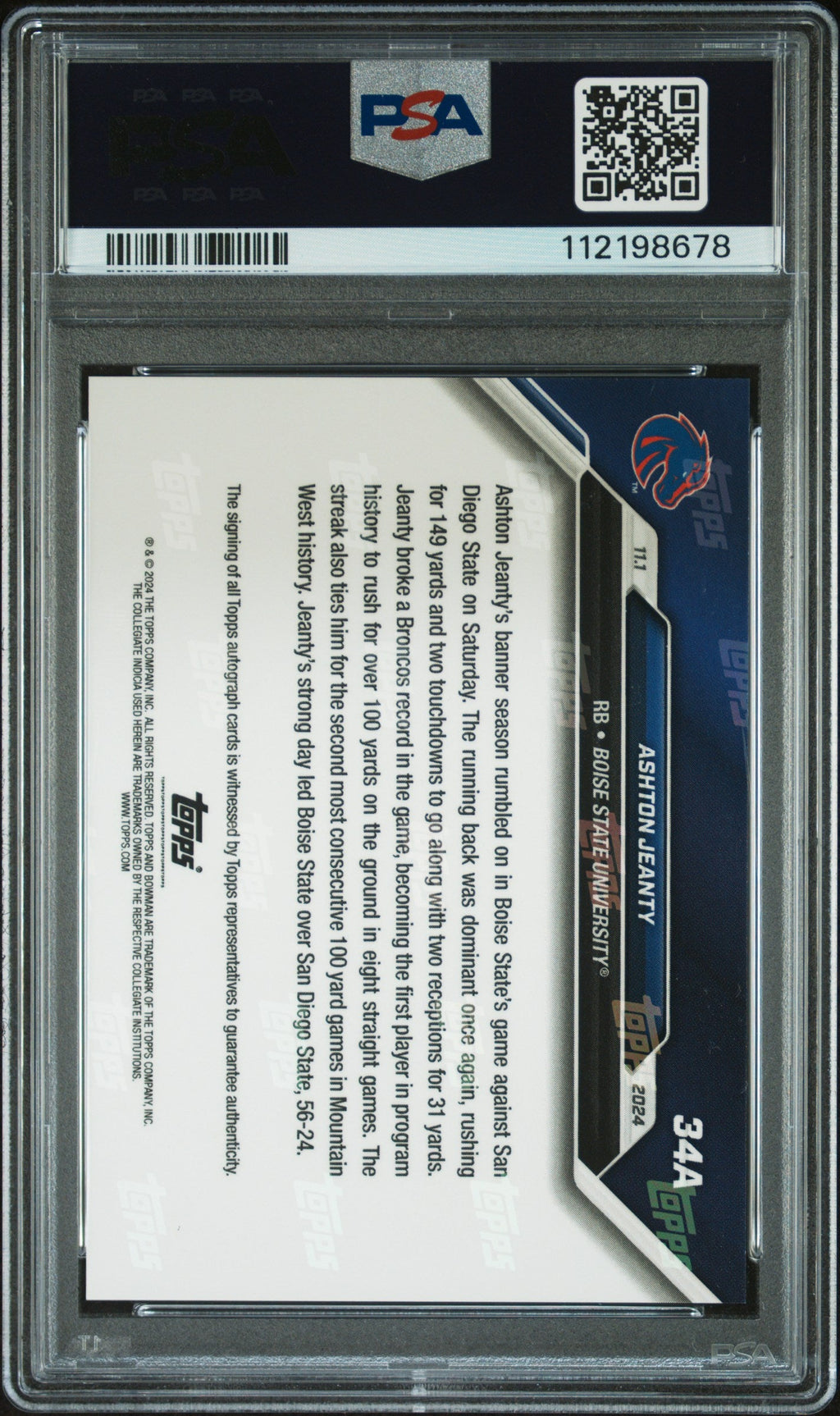 Graded 2024 Topps Bowman U Now Ashton Jeanty #34A Autograph Orange /5 Rookie RC Football Card PSA 10 Gem Mint Auto Grade PSA 10 Gem Mint