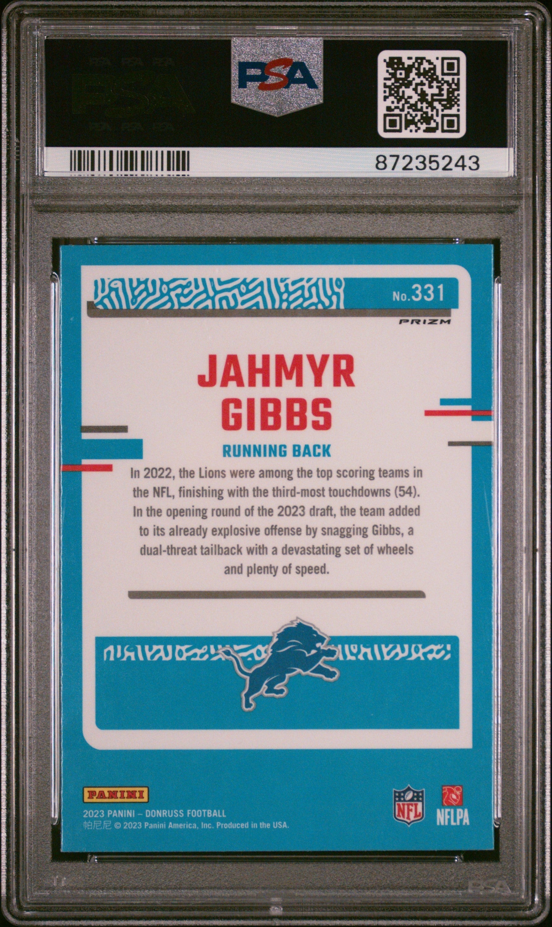 Graded 2023 Panini Donruss Jahmyr Gibbs #331 Optic Preview Pink Rookie RC Football Card PSA 10 Gem Mint