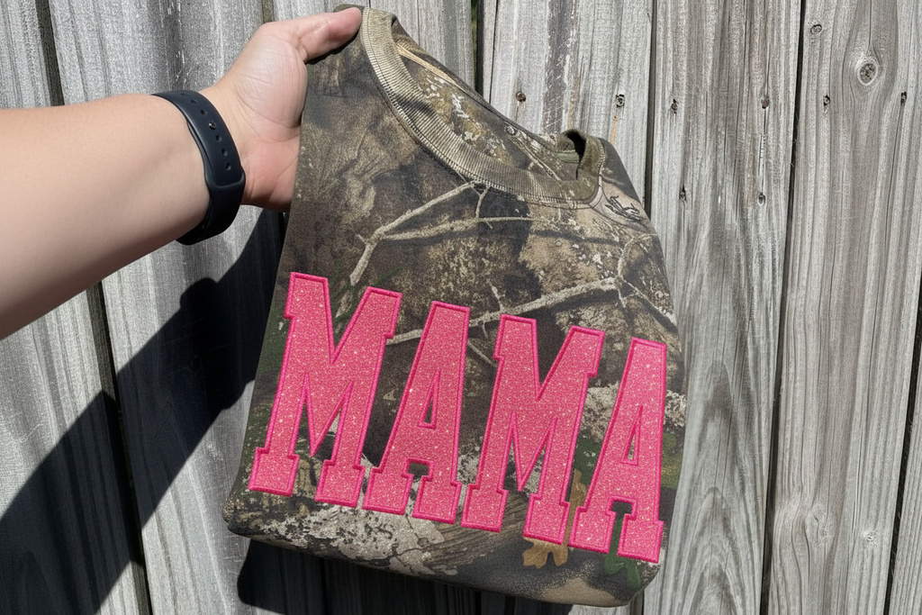 Neon Pink Mama Glitter Applique Embroidered Realtree Camo T-Shirt