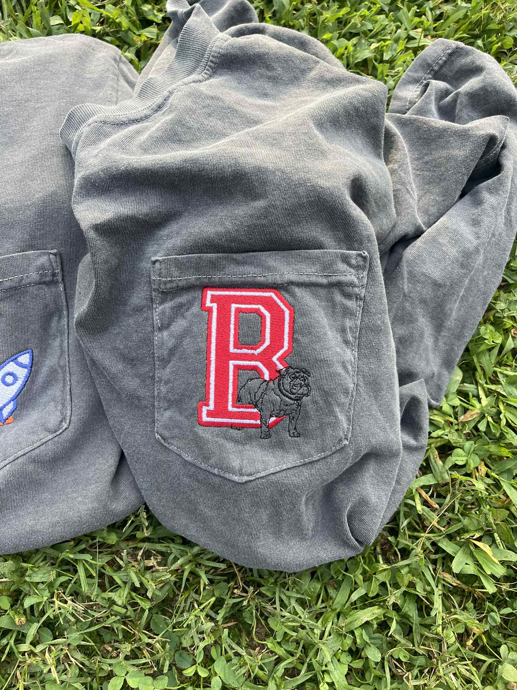 Letter and Outline Mascot Embroidered Comfort Color Pocket Tee