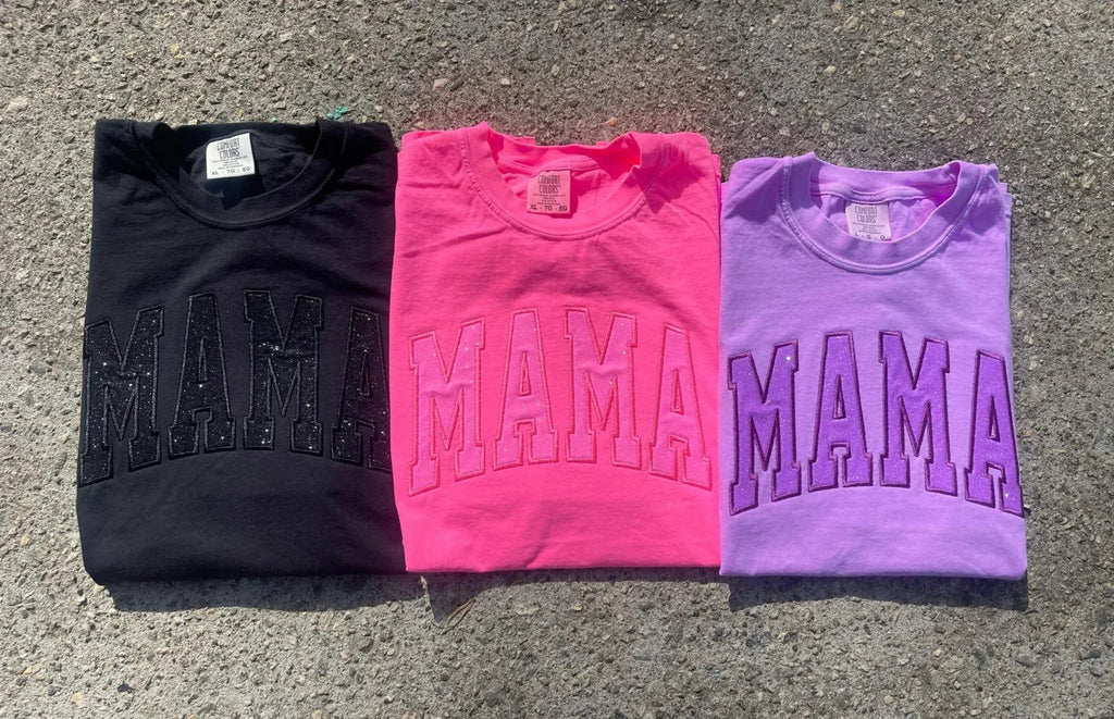 Custom Mama Glitter Applique Embroidered Comfort Color Short Sleeve Shirt