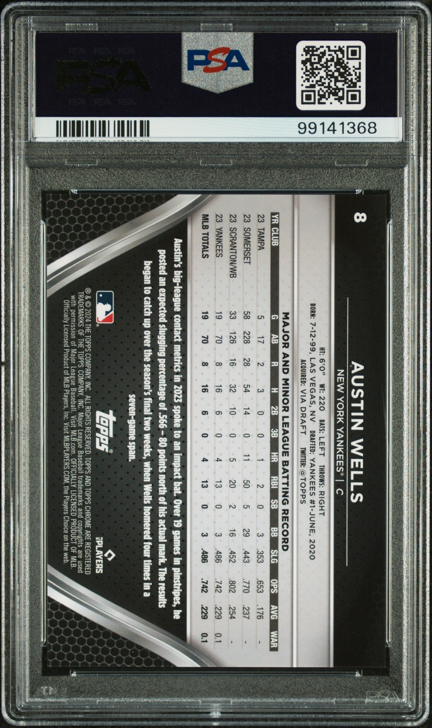 Graded 2024 Topps Chrome Black Austin Wells #8 Gold Mini Diamond Refractor #/50 Rookie RC Baseball Card PSA 10 Gem Mint