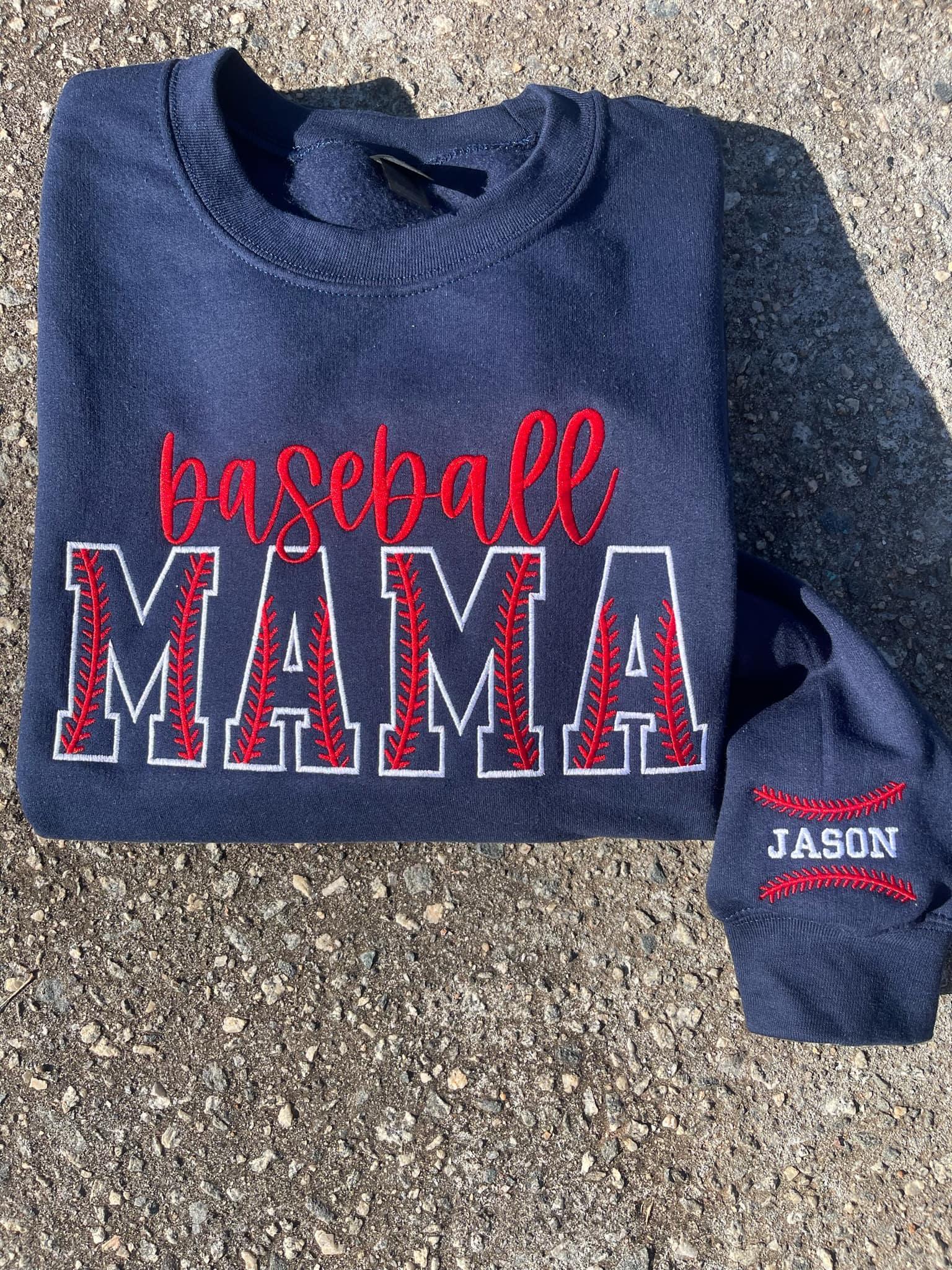 Custom Baseball Stitch Text Embroidered Comfort Color Tee or Gildan Sweatshirt with Sleeve Detail
