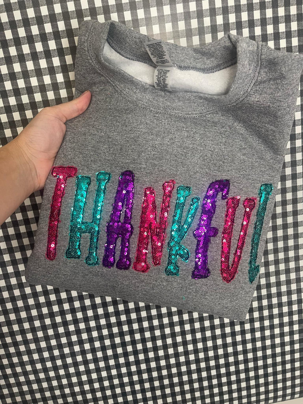 Thankful Colorful Sequin Applique Embroidered Shirt