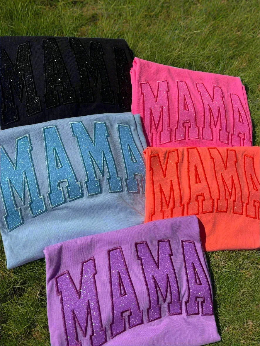 Custom Mama Glitter Applique Embroidered Comfort Color Short Sleeve Shirt