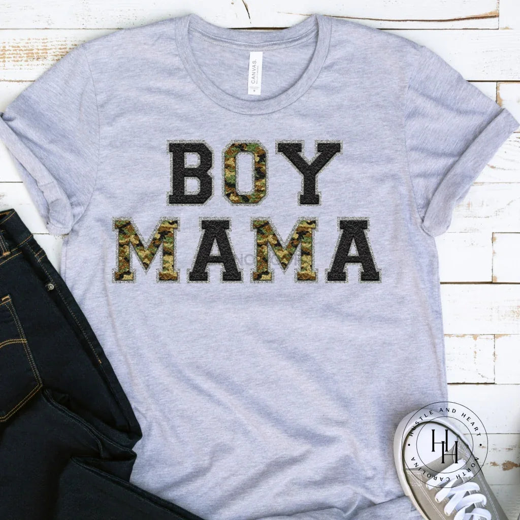 Boy Mama Camo/Black Faux Chenille Letters Graphic Tee