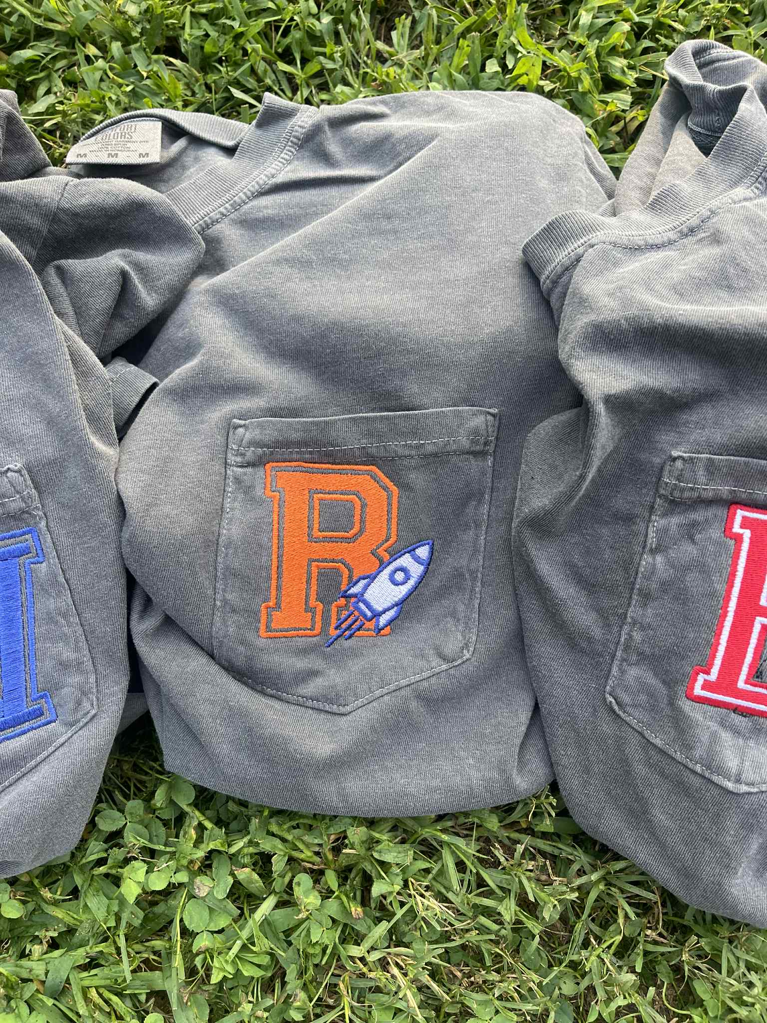 Letter and Outline Mascot Embroidered Comfort Color Pocket Tee