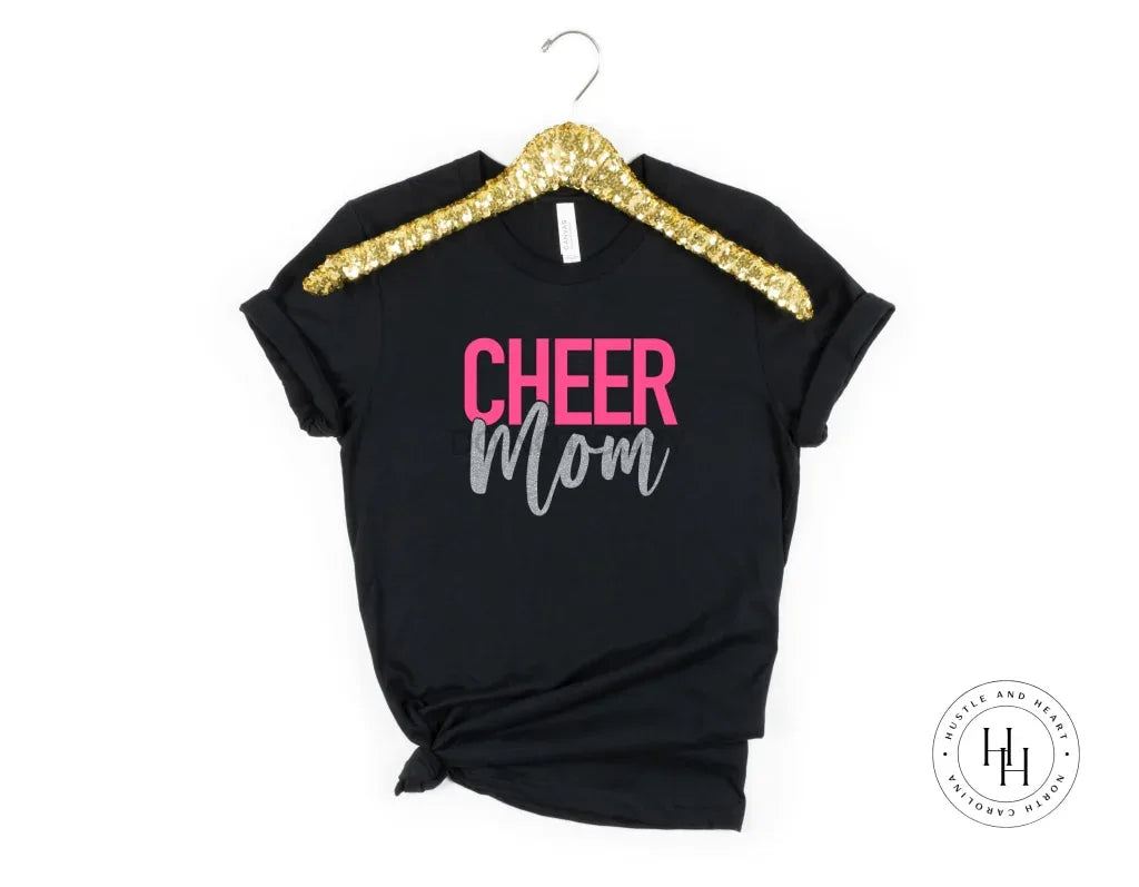 Cheer Mom Bright Blue/Hot Pink and Silver Faux Glitter Graphic Tee