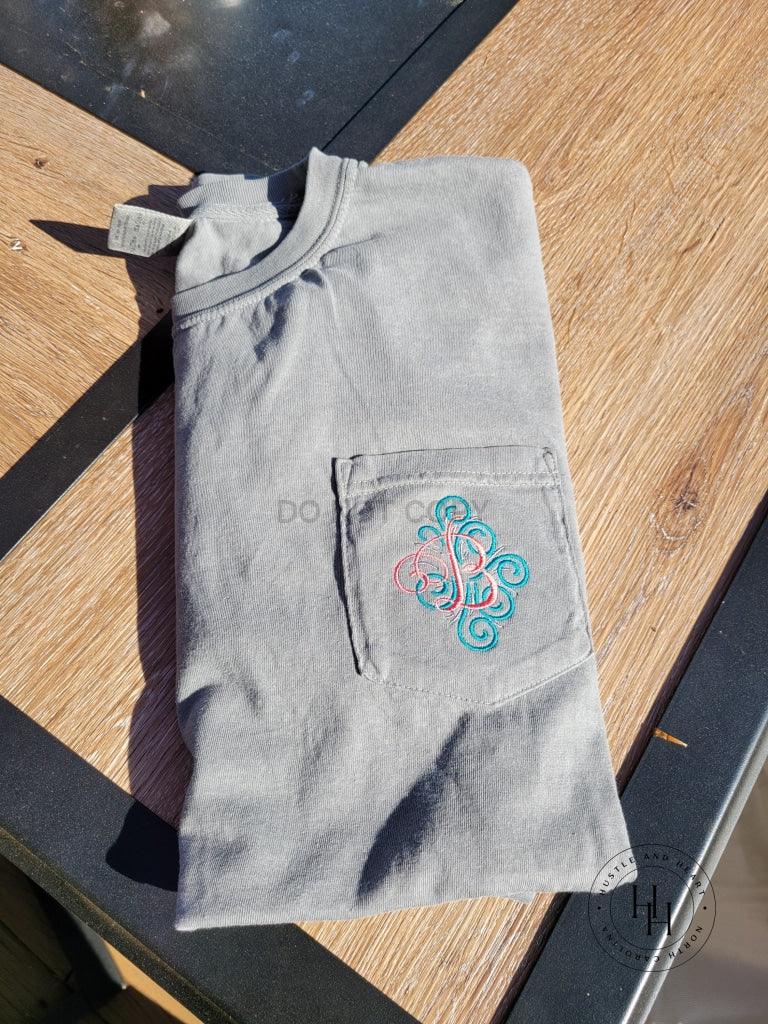 Comfort Color Swirly Fancy Single Letter Monogram Embroidered Pocket Tee