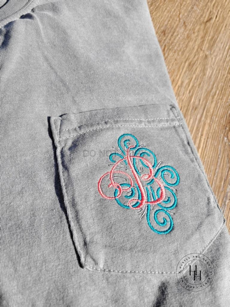 Comfort Color Swirly Fancy Single Letter Monogram Embroidered Pocket Tee