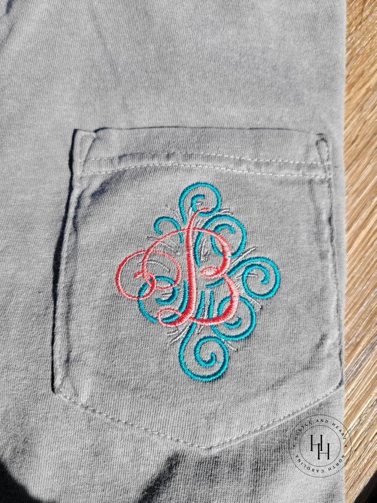 Comfort Color Swirly Fancy Single Letter Monogram Embroidered Pocket Tee