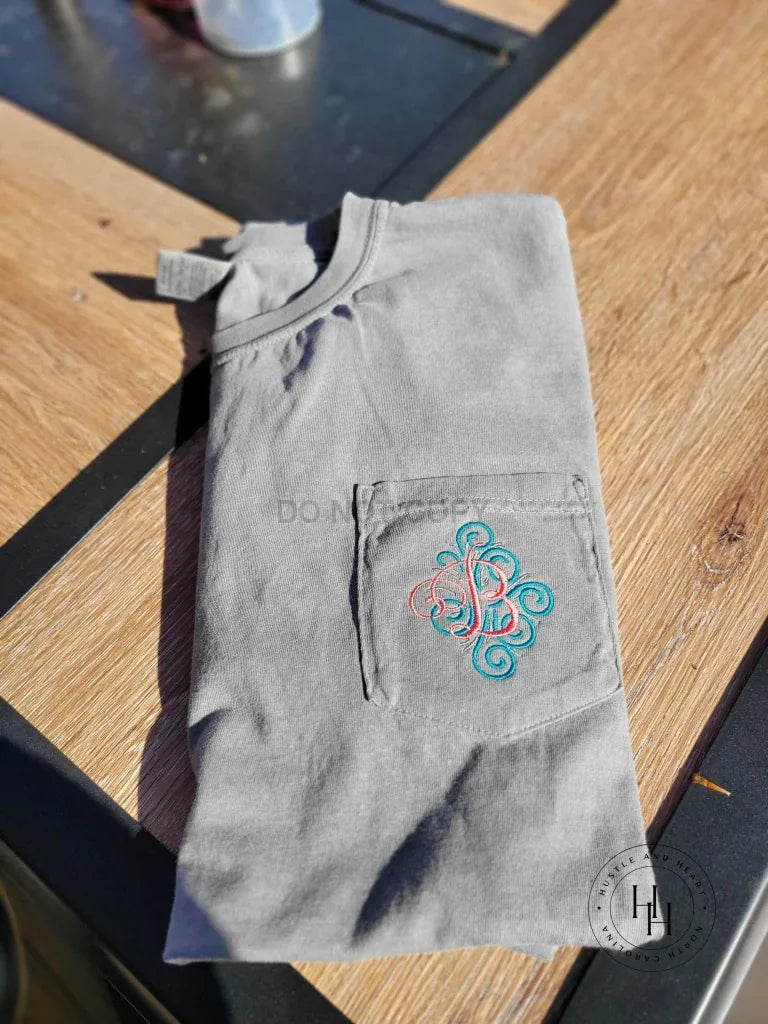 Comfort Color Swirly Fancy Single Letter Monogram Embroidered Pocket Tee