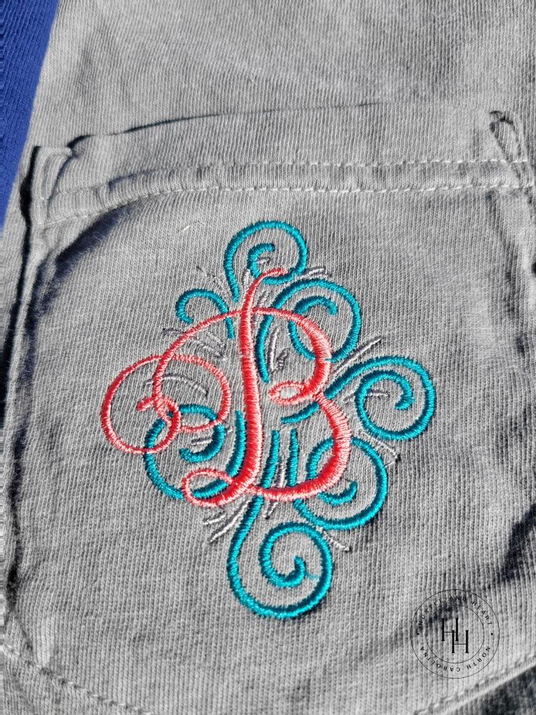 Comfort Color Swirly Fancy Single Letter Monogram Embroidered Pocket Tee