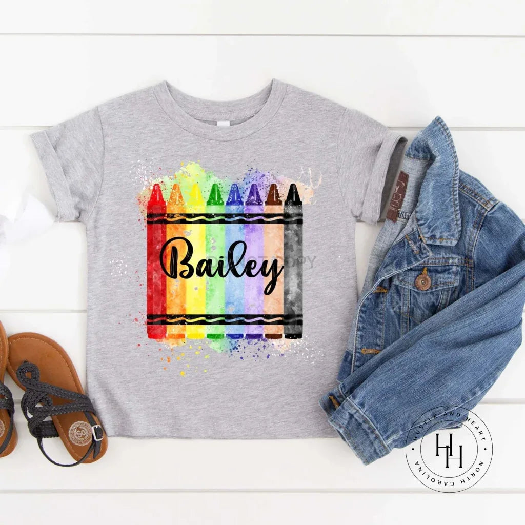 Customizable Watercolor Crayons Graphic Tee- Cursive Name