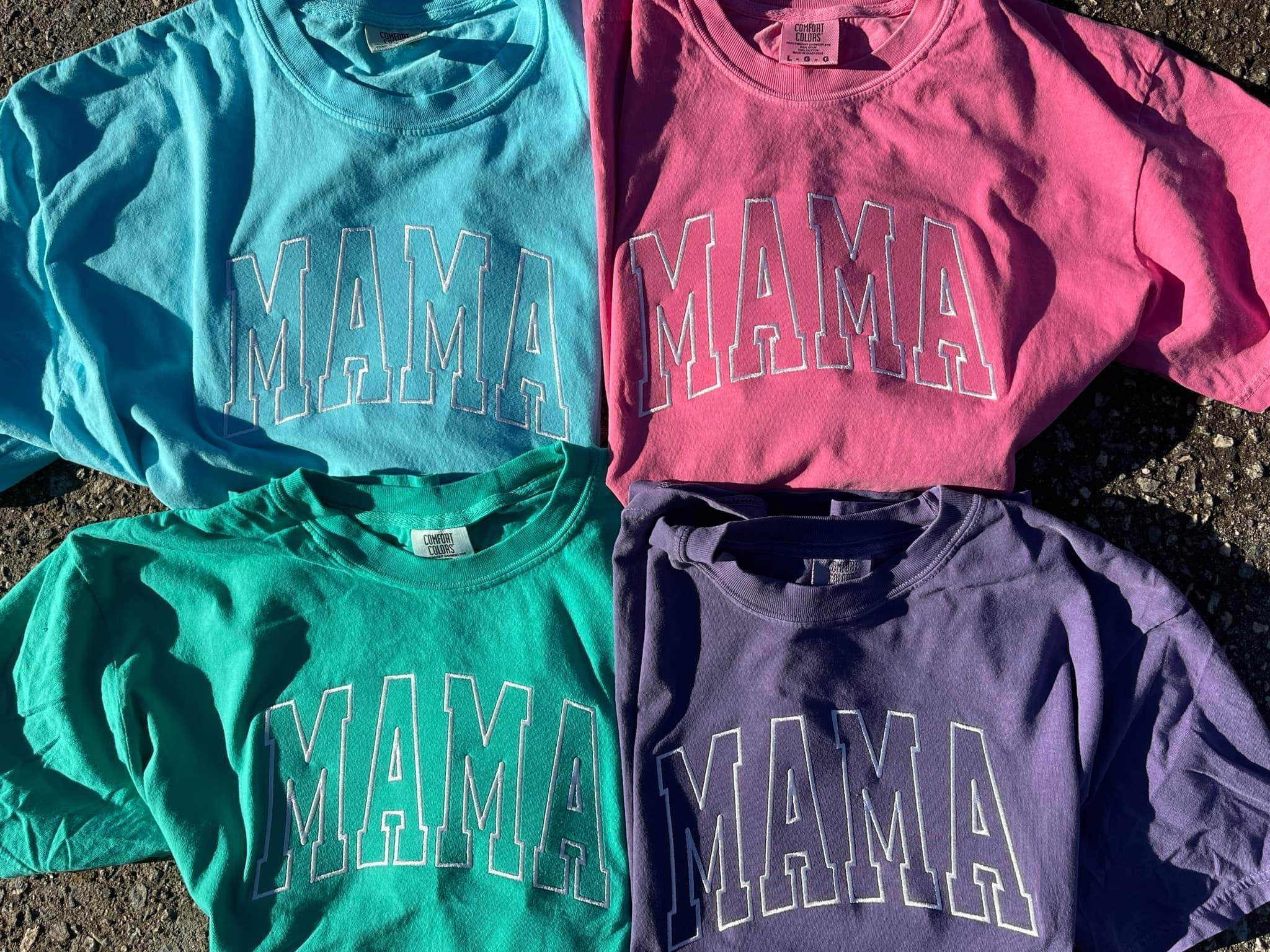 Mama Varsity Style Embroidered Comfort Color T-Shirt | QUICK SHIP