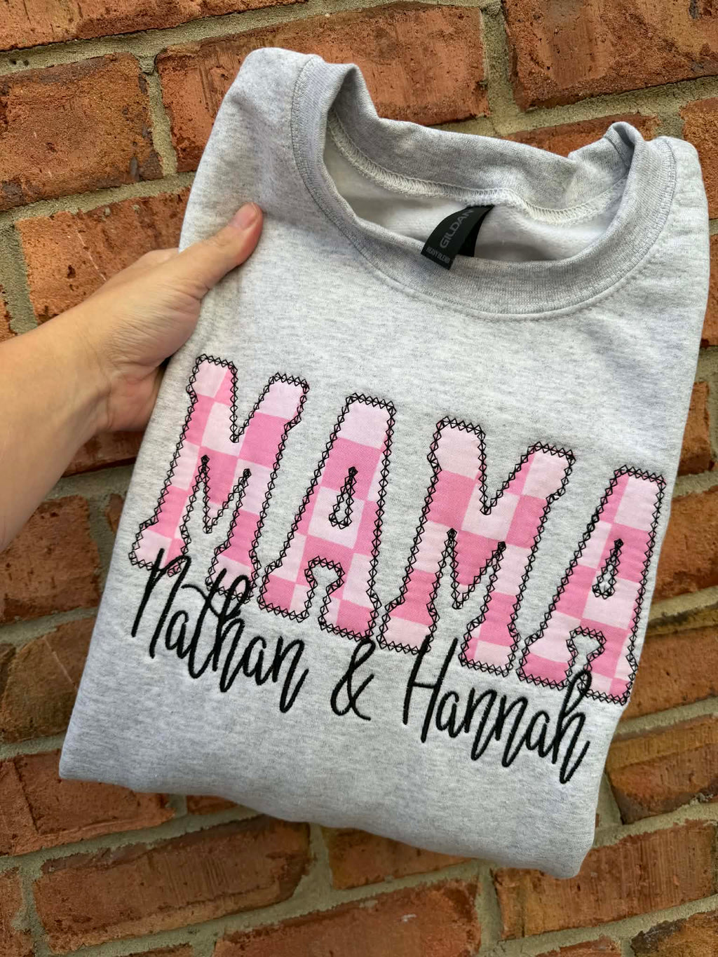 Custom Pink Checkered Diamond Edge Applique Embroidered Sweatshirt