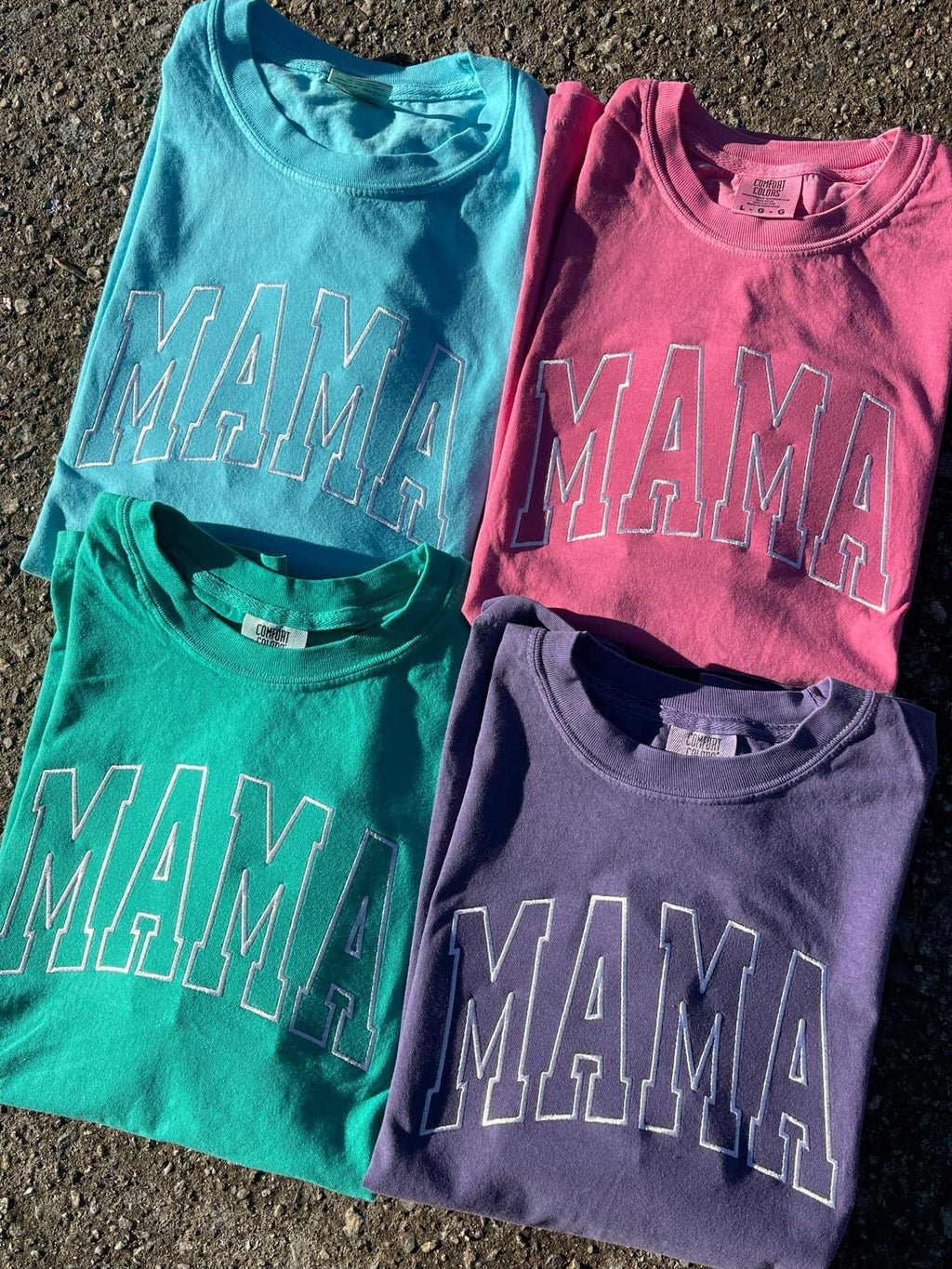 Mama Varsity Style Embroidered Comfort Color T-Shirt | QUICK SHIP