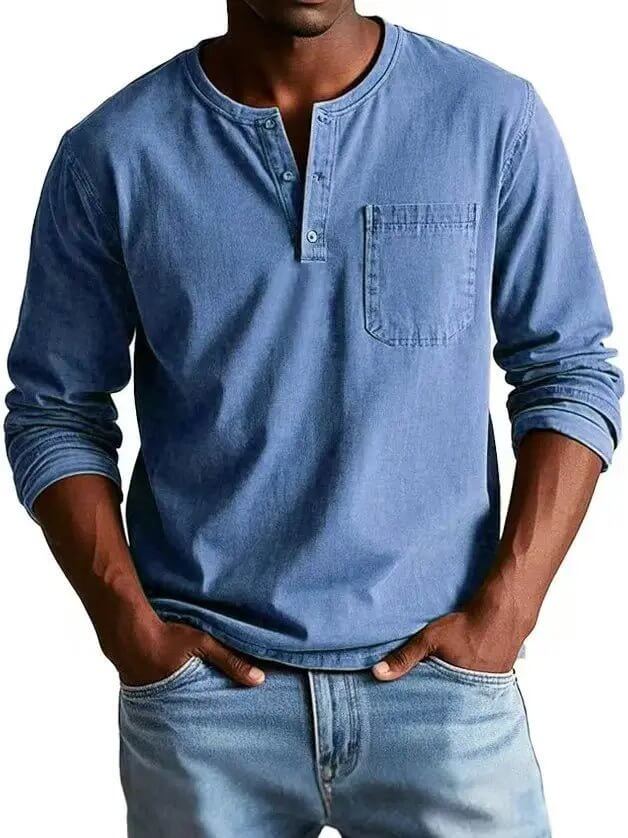 Men's V-neck Long-sleeved Pullover Top with Button Design